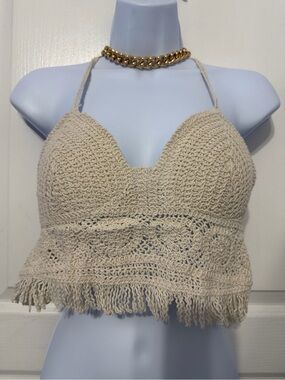 Crochet Fringe Halter Crop Top - Cream